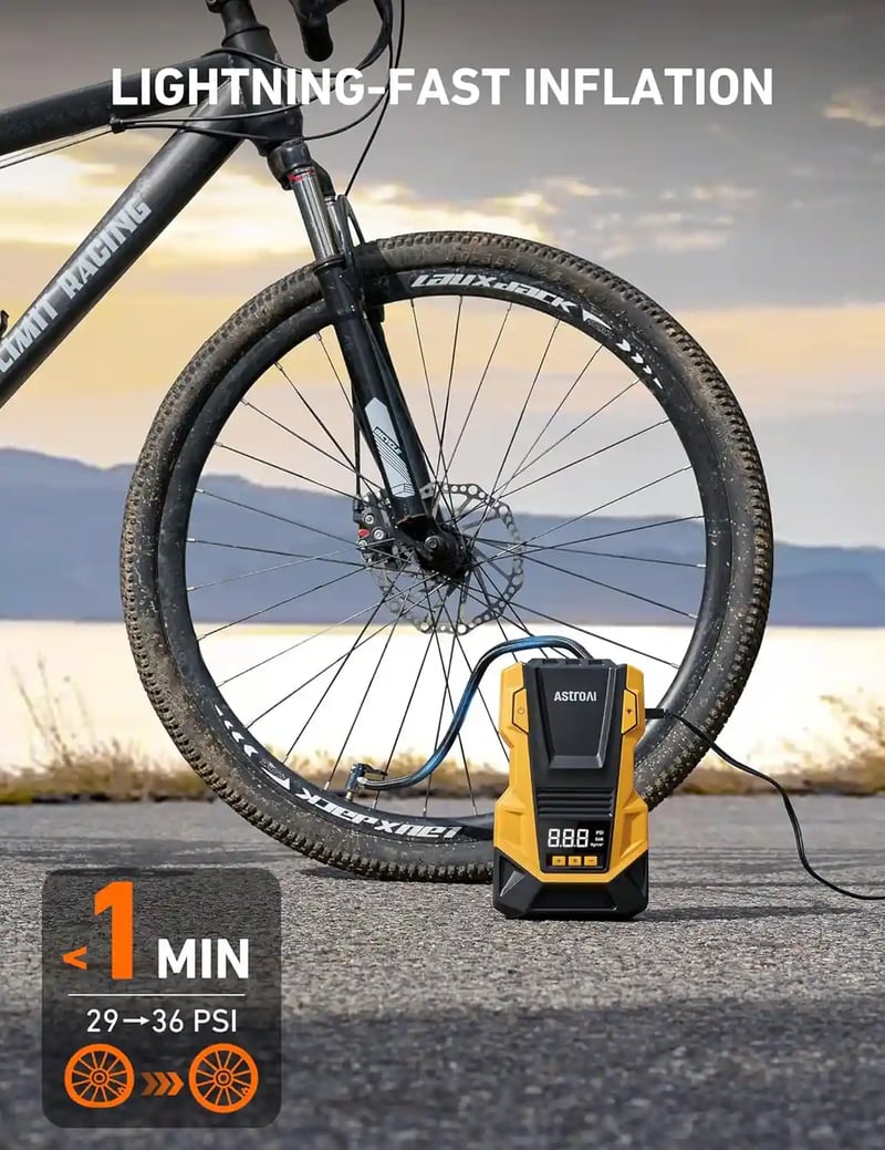AstroAI AC/DC Mini Air Compressor with 150PSI, LED Light for Car Tires, Balls, Motorcycles, Yellow