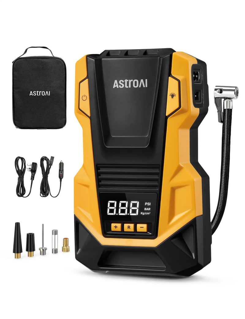 AstroAI Car Tyre Inflator Air Compressor, 240V Mains and 12V DC Dual Power Supply Tyre Pump with Digital Pressure Gauge, Max 150PSI Car Accessories Pumps for Cars Bike Motocycle Ball