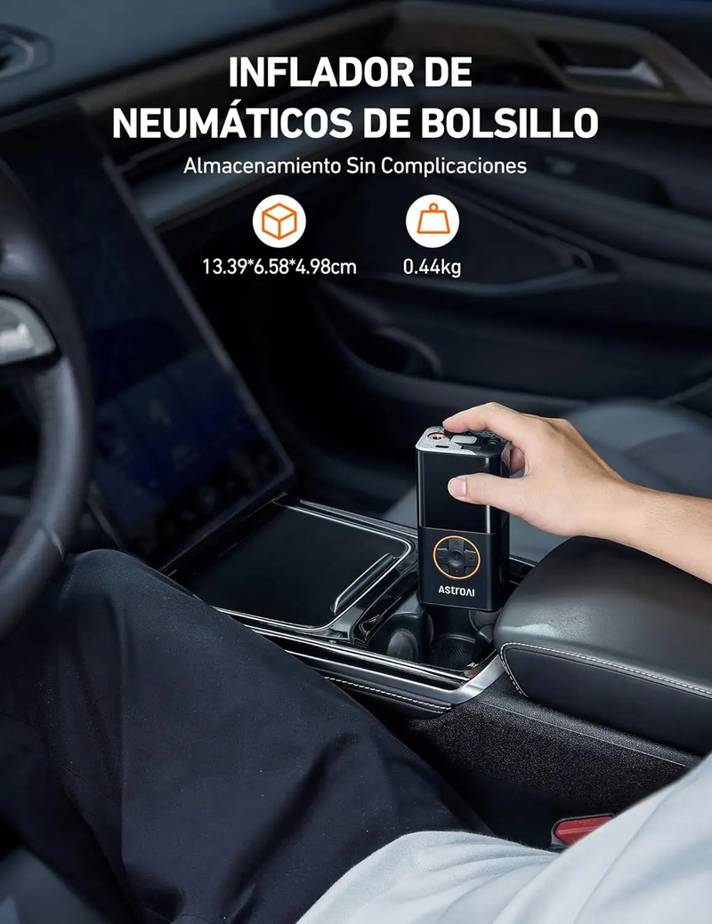 AstroAI Compresor Aire Portátil, Inflador Ruedas Coche, Compresor Aire Coche, Hinchador Ruedas Coche con Batería Recargable de 2000 mAh x 2 y Luz LED