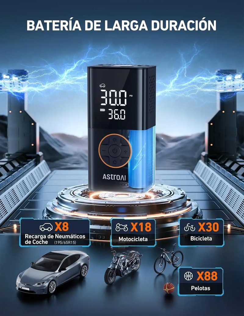 AstroAI Compresor Aire Portátil, Inflador Ruedas Coche, Compresor Aire Coche, Hinchador Ruedas Coche con Batería Recargable de 2000 mAh x 2 y Luz LED