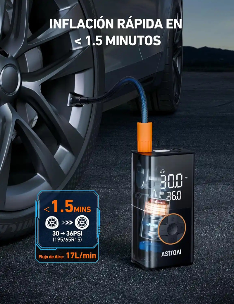 AstroAI Compresor Aire Portátil, Inflador Ruedas Coche, Compresor Aire Coche, Hinchador Ruedas Coche con Batería Recargable de 2000 mAh x 2 y Luz LED