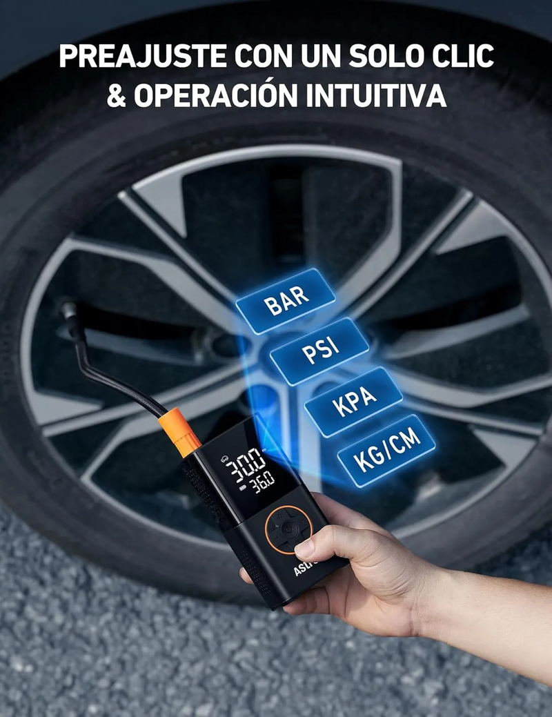 AstroAI Compresor Aire Portátil, Inflador Ruedas Coche, Compresor Aire Coche, Hinchador Ruedas Coche con Batería Recargable de 2000 mAh x 2 y Luz LED