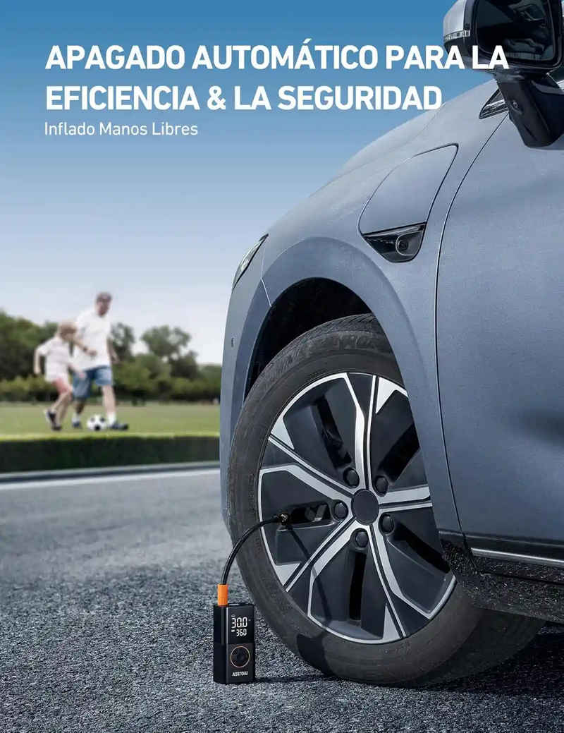 AstroAI Compresor Aire Portátil, Inflador Ruedas Coche, Compresor Aire Coche, Hinchador Ruedas Coche con Batería Recargable de 2000 mAh x 2 y Luz LED