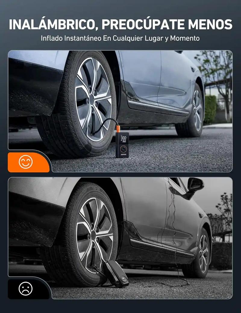 AstroAI Compresor Aire Portátil, Inflador Ruedas Coche, Compresor Aire Coche, Hinchador Ruedas Coche con Batería Recargable de 2000 mAh x 2 y Luz LED
